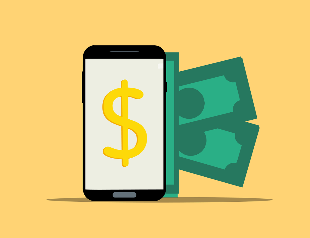 A phone displays a dollar symbol. Dollar bills extend from the phone. 