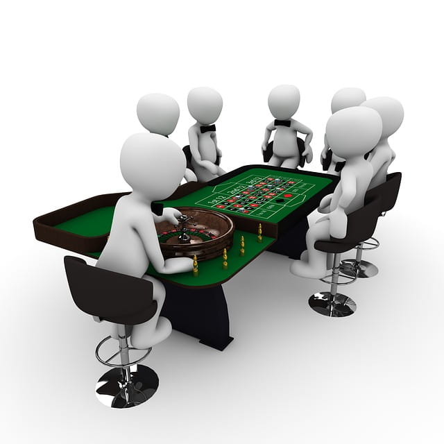 Seven faceless grey computer-generated people sit around a green velvet table. One faceless person sits in front of the roulette wheel, spinning it.