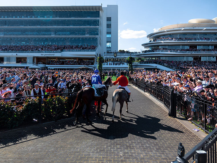 A tiled path has two horses and their jockeys riding on it. Crowds of people are held back by black metal fencing on both sides of the path. A signed archway with “Flemington” written on it is at the end of the path.